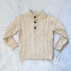 NWT 4T Cat & Jack Mock Neck Fisherman Sweater Oatmeal Marl Cable Knit Buttons
